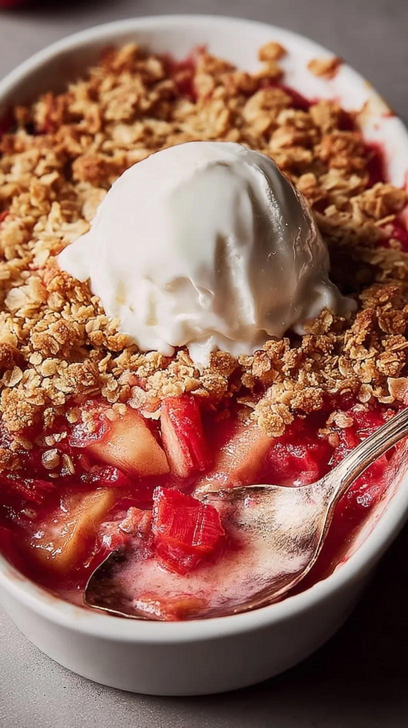 A golden brown rhubarb crisp in a baking dish with a scoop of melting vanilla ice cream on top.