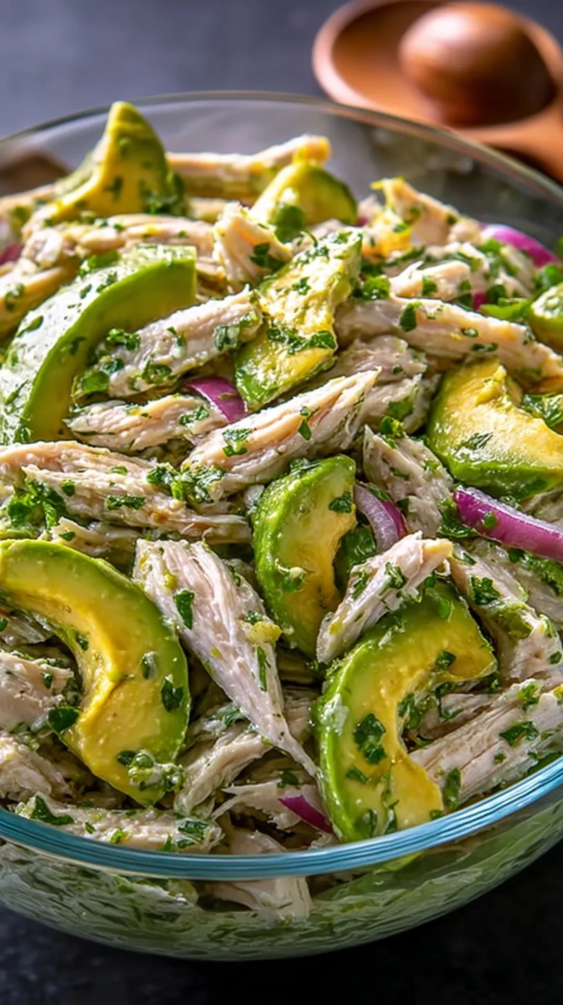 A bowl of creamy avocado chicken salad with fresh cilantro and lime