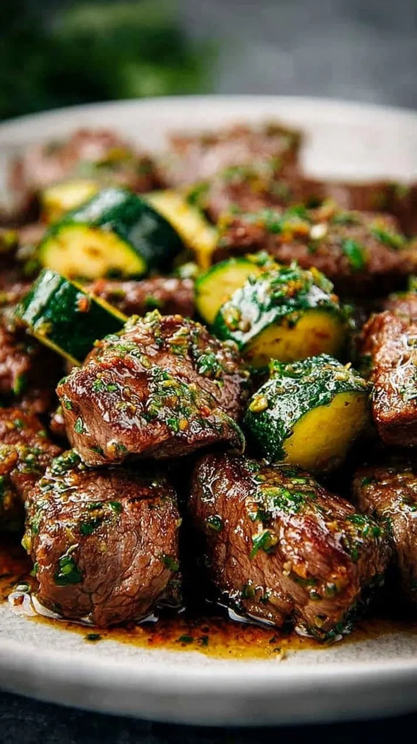 Seared garlic butter steak bites with tender zucchini half-moons in a cast iron skillet garnished with parsley.