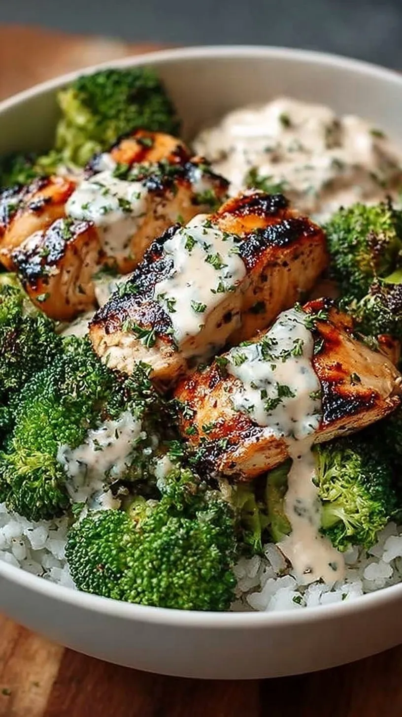 A bowl of grilled chicken strips and steamed broccoli over rice drizzled with creamy white garlic sauce