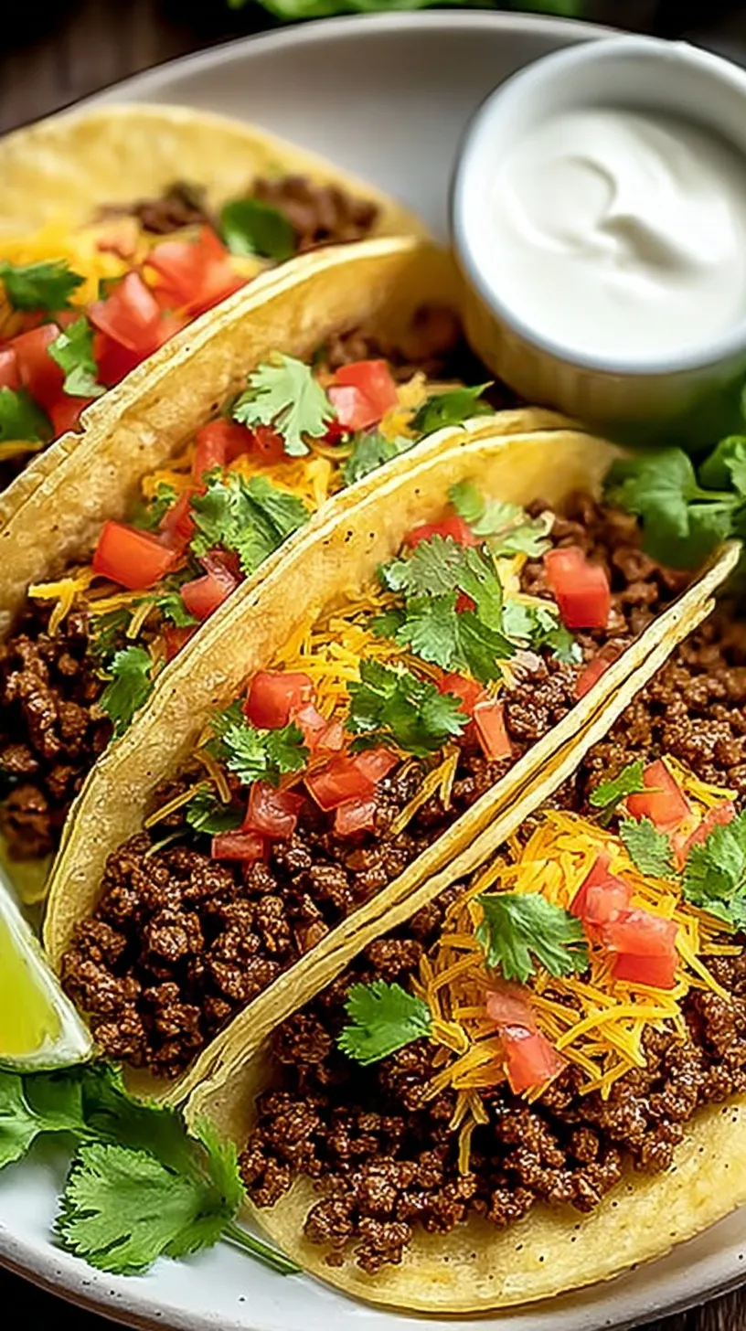 Golden brown seasoned ground beef in crunchy taco shells with lettuce, cheese, and tomatoes.