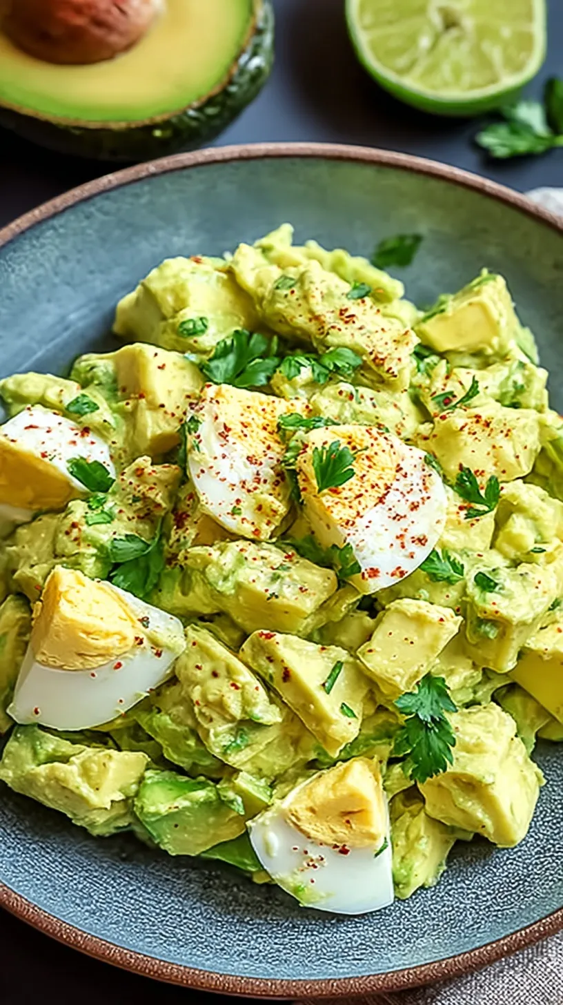 A bowl of creamy green avocado egg salad with fresh cilantro and red onion