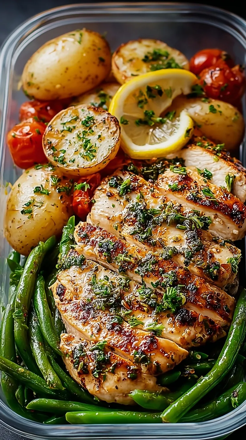 Four glass meal prep containers filled with lemon garlic chicken, roasted broccoli, and brown rice