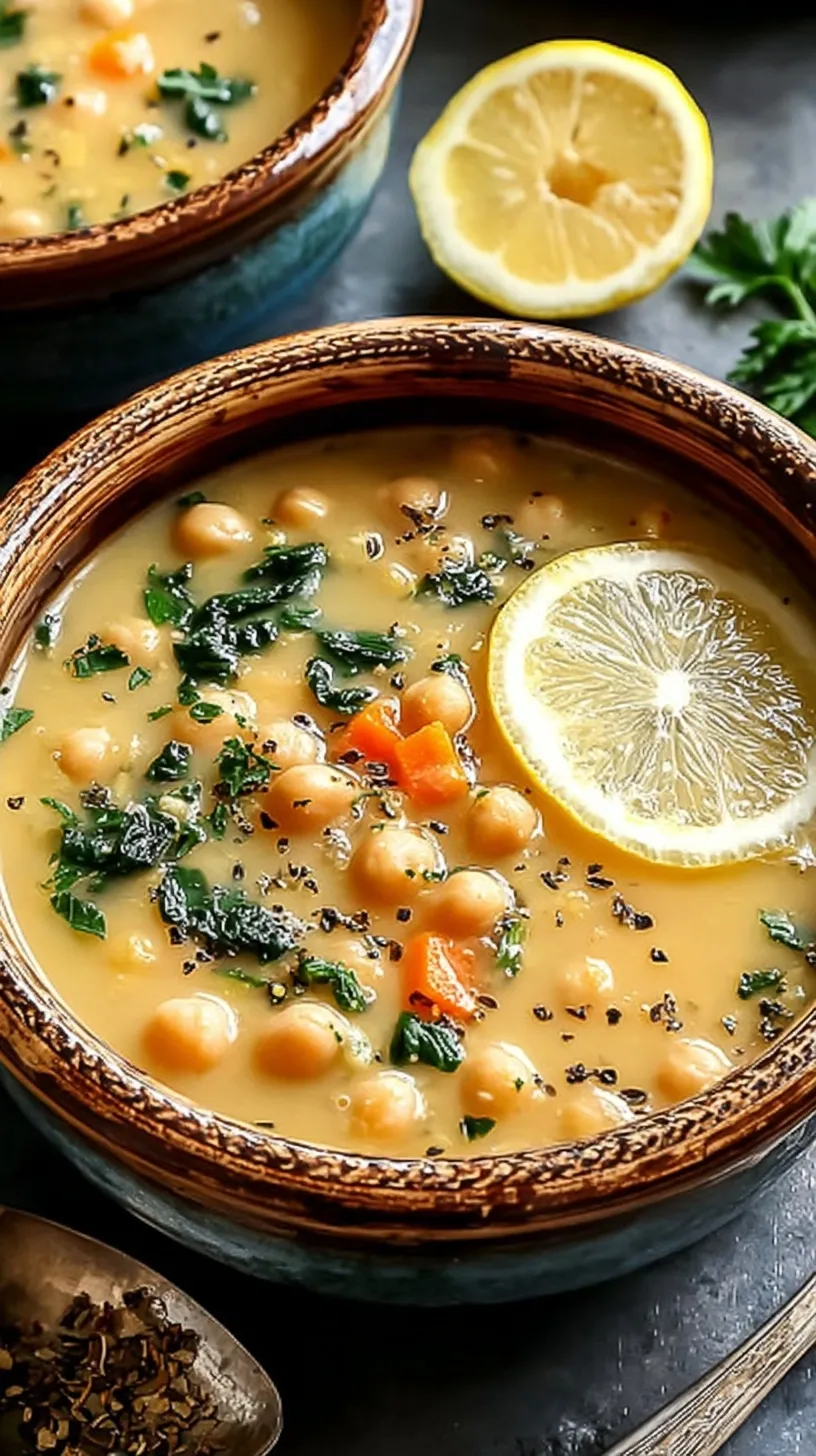 A bowl of creamy yellow chickpea soup with fresh lemon slices and herbs.