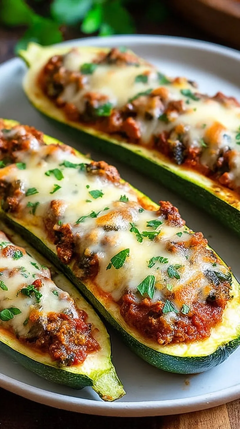 Golden brown stuffed zucchini boats topped with melted mozzarella cheese and fresh herbs in a baking dish.