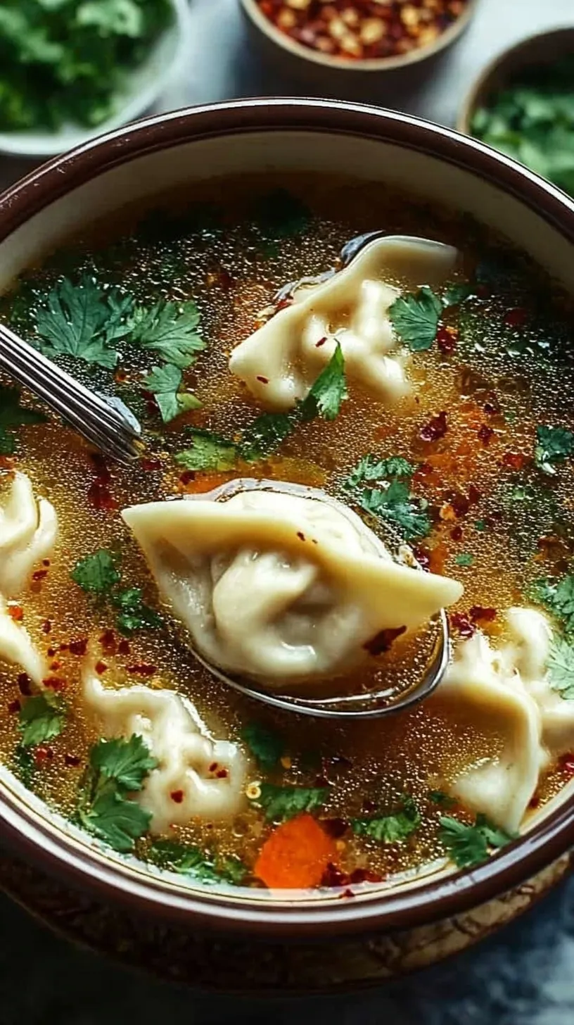 A steaming bowl of Thai Potsticker Soup with coconut milk, red curry, and fresh cilantro
