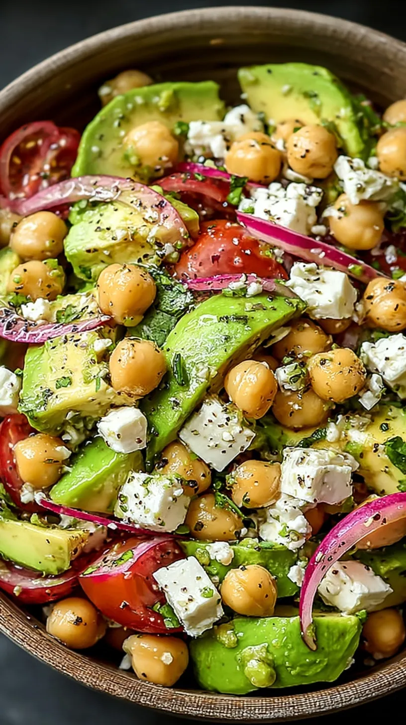 A bright bowl of chickpea feta avocado salad with fresh parsley and lemon dressing