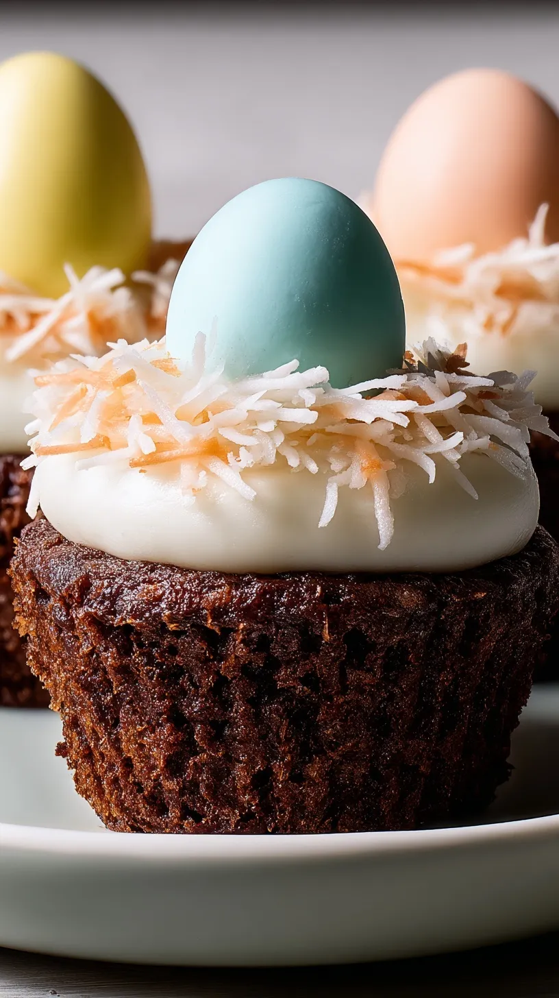 Vanilla cupcakes with buttercream frosting, toasted coconut nests, and mini chocolate eggs on top.