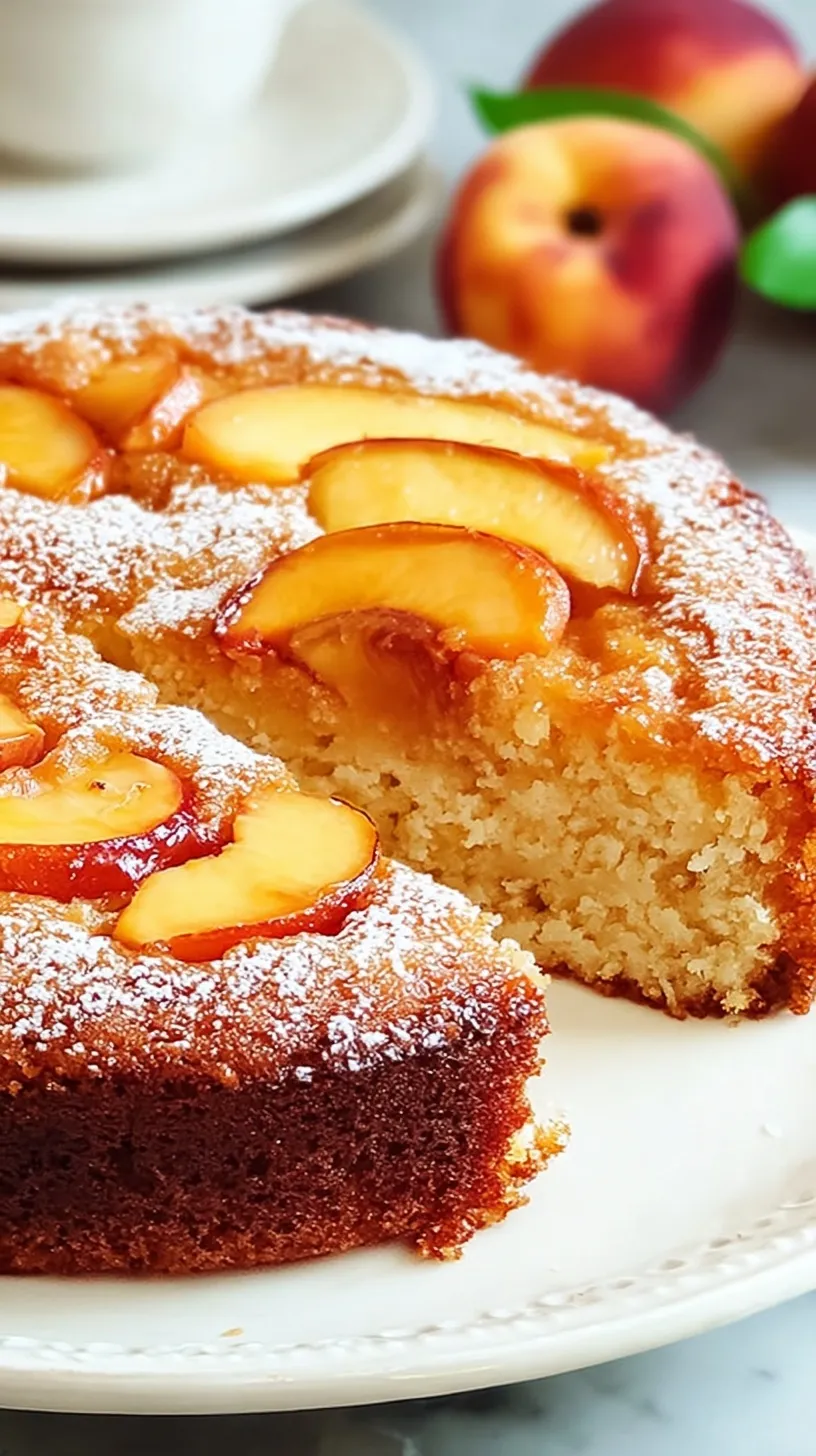 A golden brown single layer cake topped with sliced peaches and a dusting of sugar.