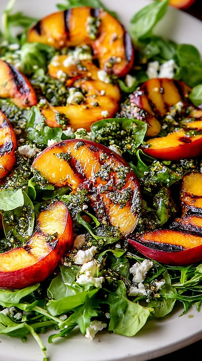 A beautiful Grilled Peach Salad on a platter with goat cheese, pecans, and fresh basil dressing.
