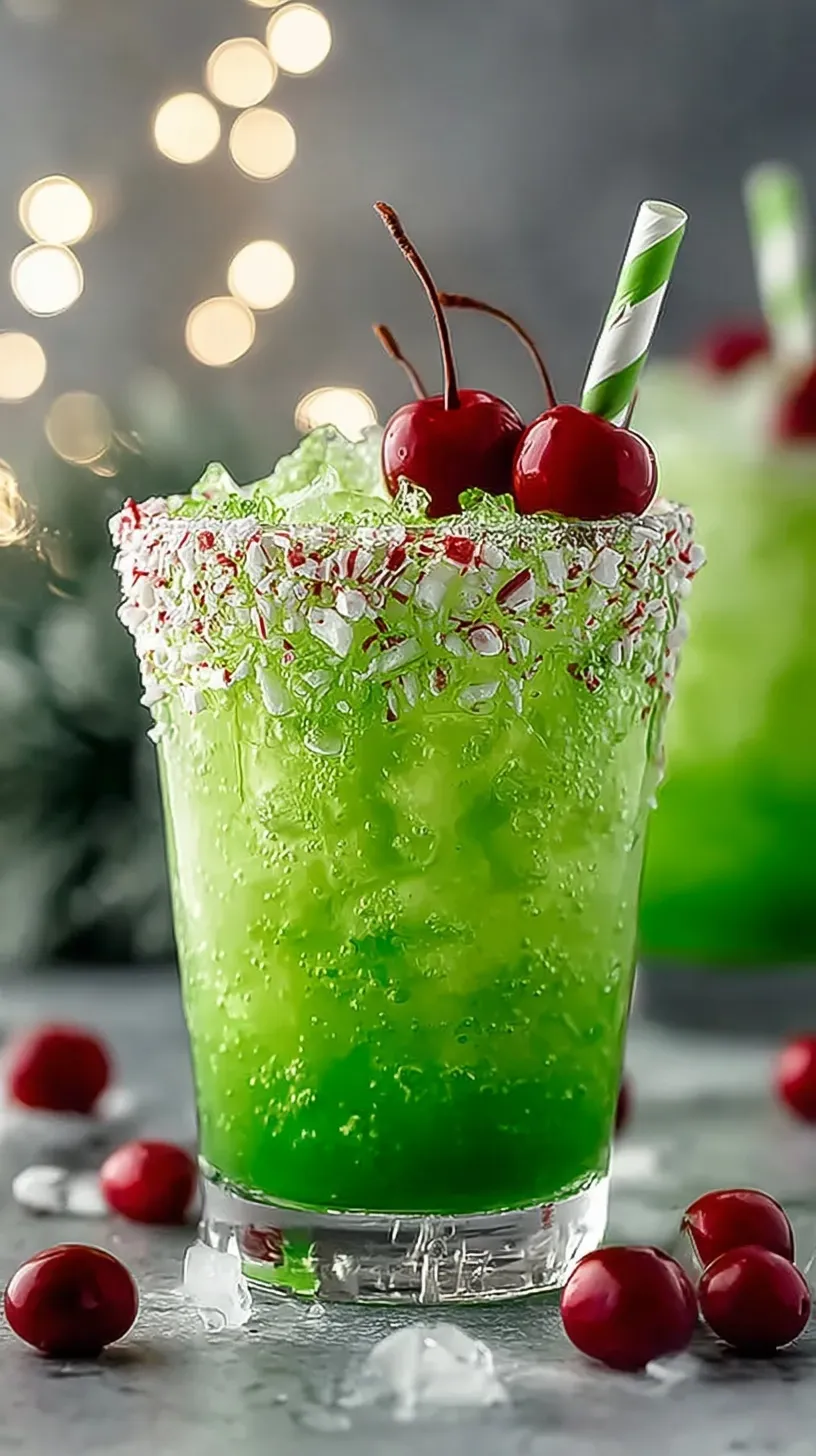 A vibrant green Grinch cocktail in a martini glass with a single red cherry at the bottom.