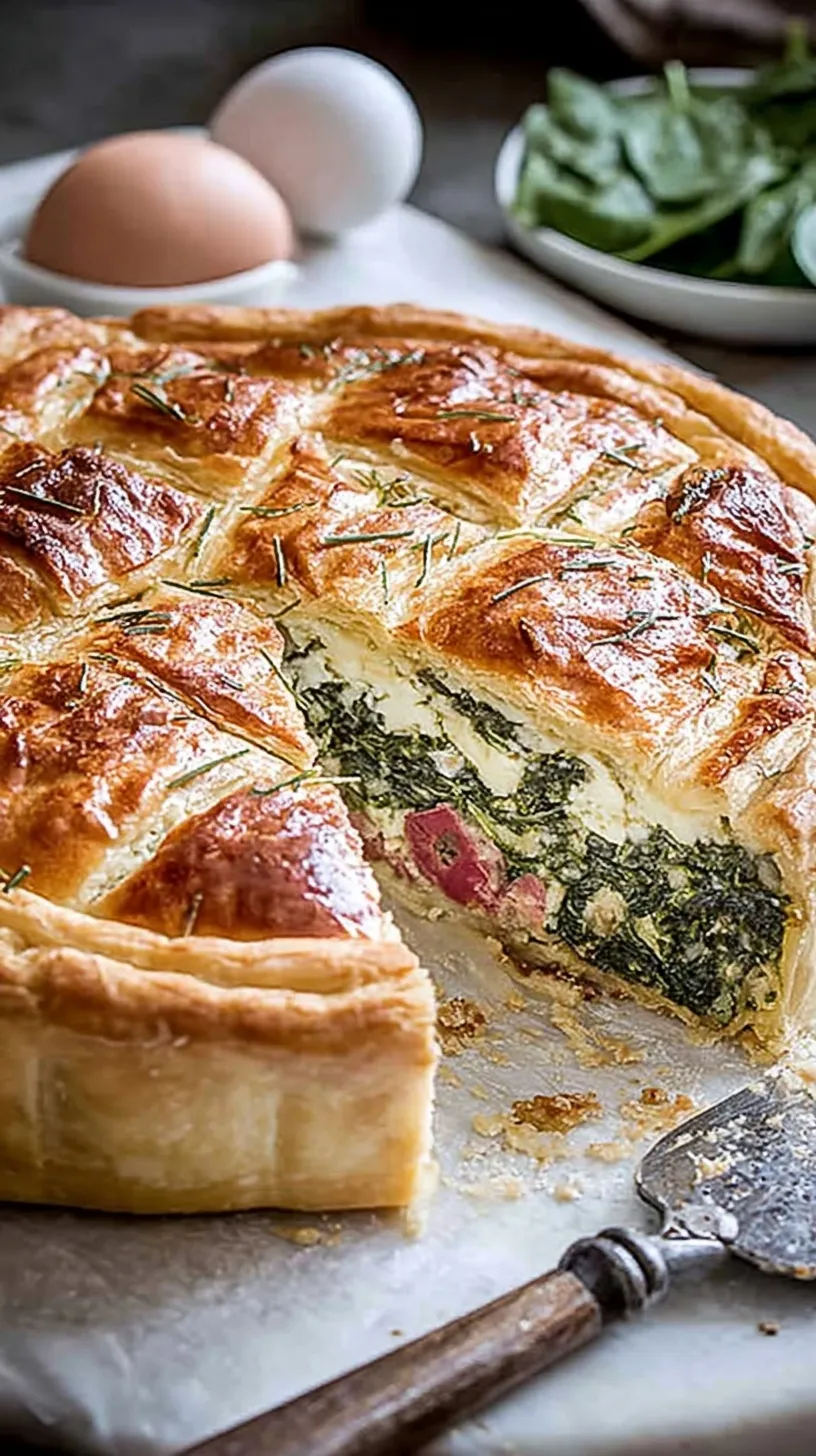 A golden Italian Easter Pie with a lattice crust on a white serving plate