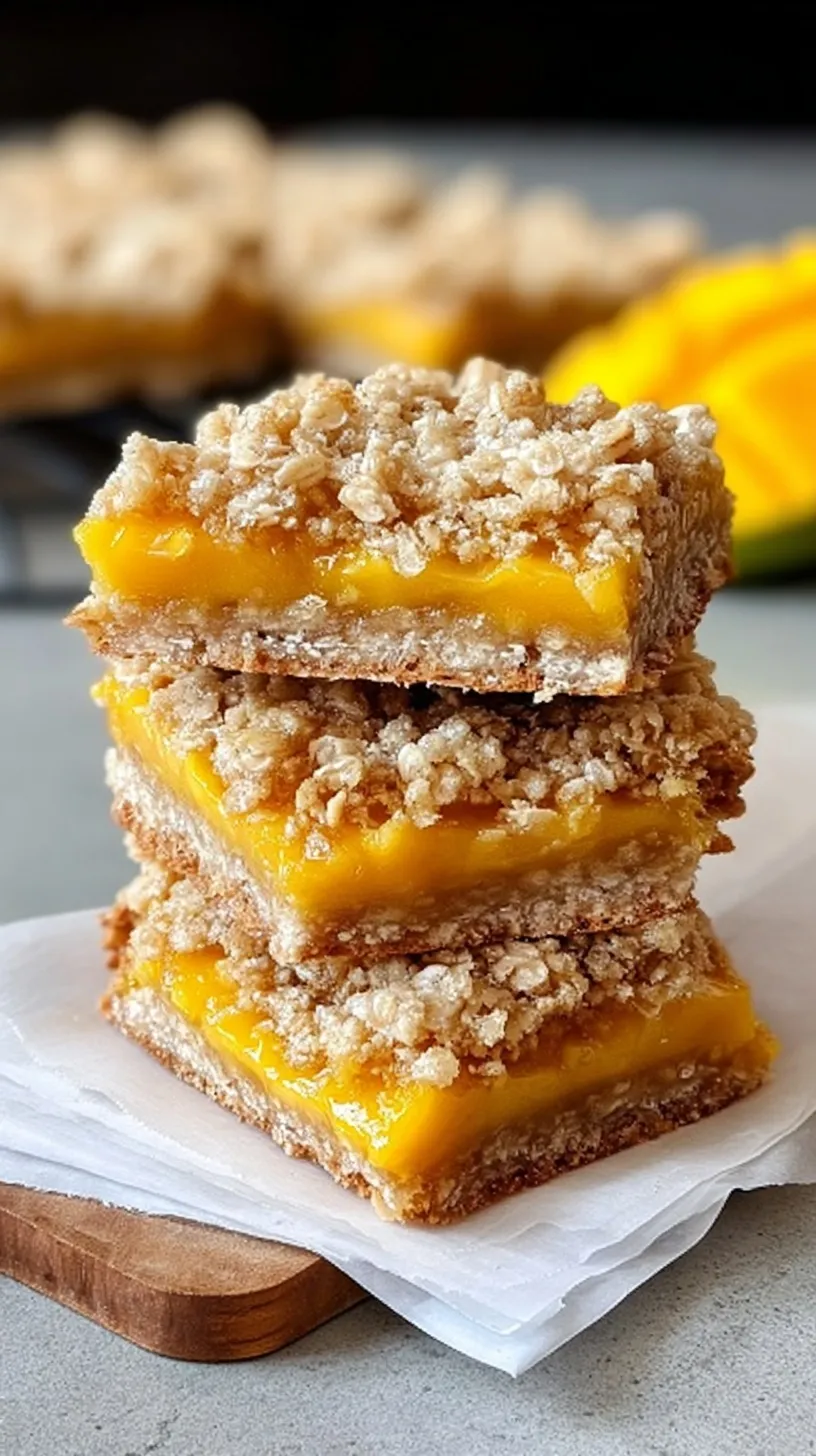 Golden brown mango oatmeal crumble bars sliced into squares in a baking pan.