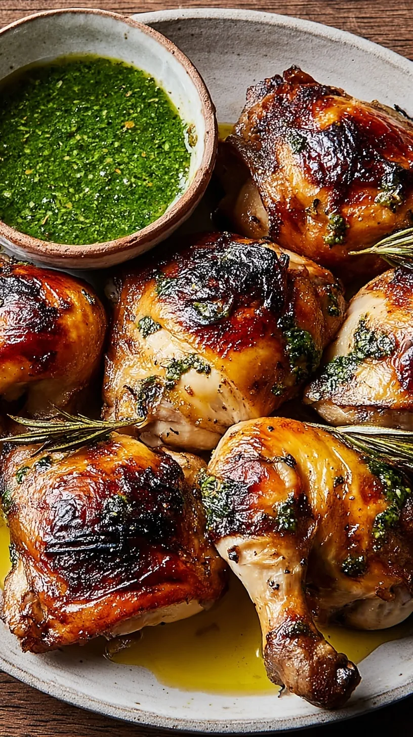 Whole roasted golden brown chicken on a platter with a bowl of bright green Aji Verde sauce.