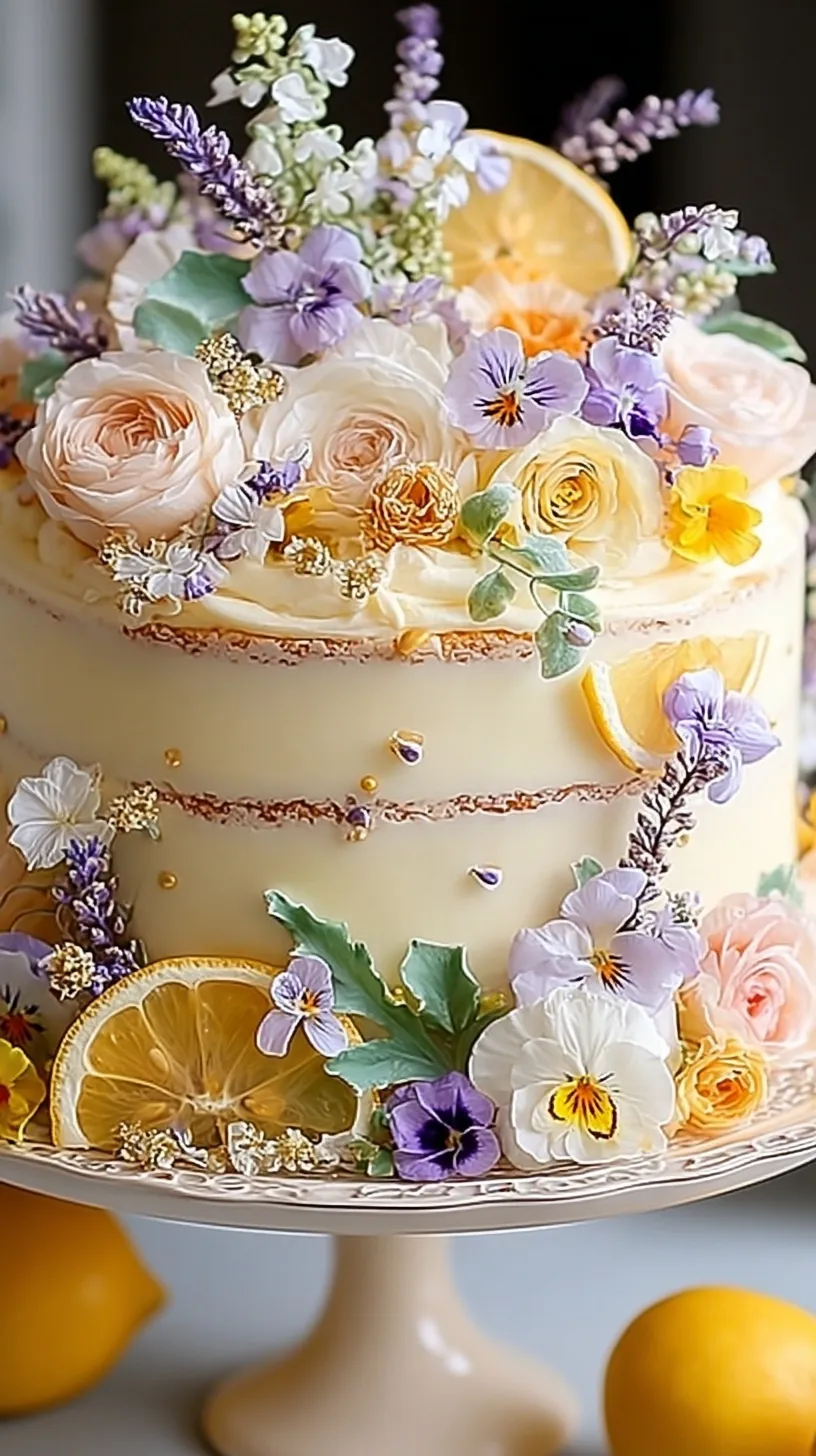 A three-tiered lemon cake decorated with elderflower buttercream and fresh purple pansies.