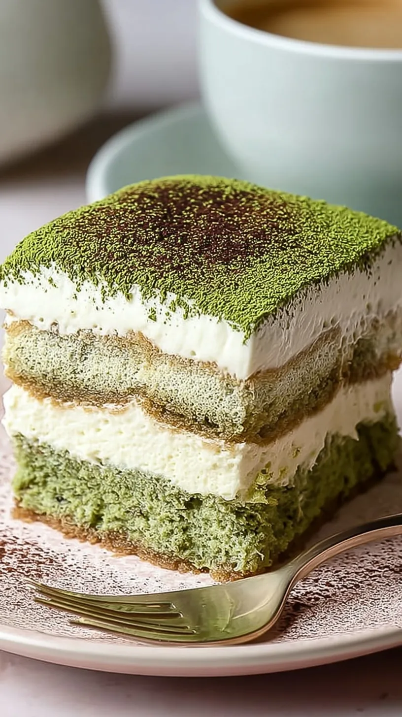 A beautiful layered Matcha Tiramisu dusted with green tea powder in a glass dish.