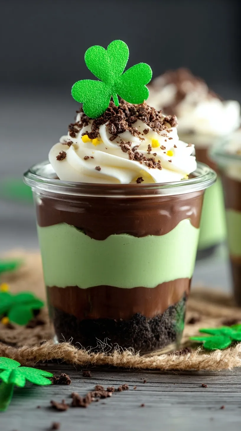 Layered chocolate pudding cups with green whipped cream, cookie crumbles, and a chocolate gold coin on top.