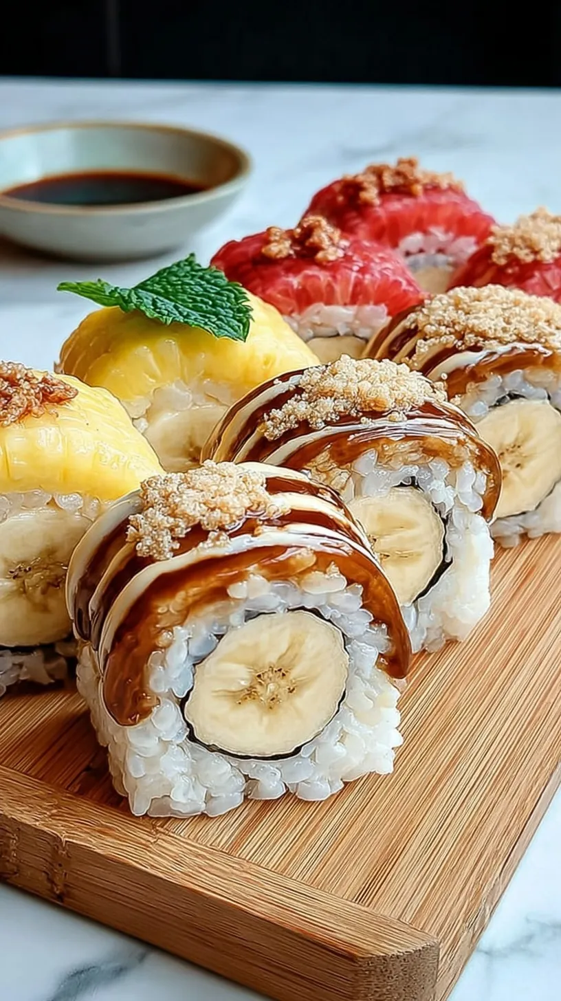 A plate of sliced banana sushi rounds coated in peanut butter and puffed rice cereal