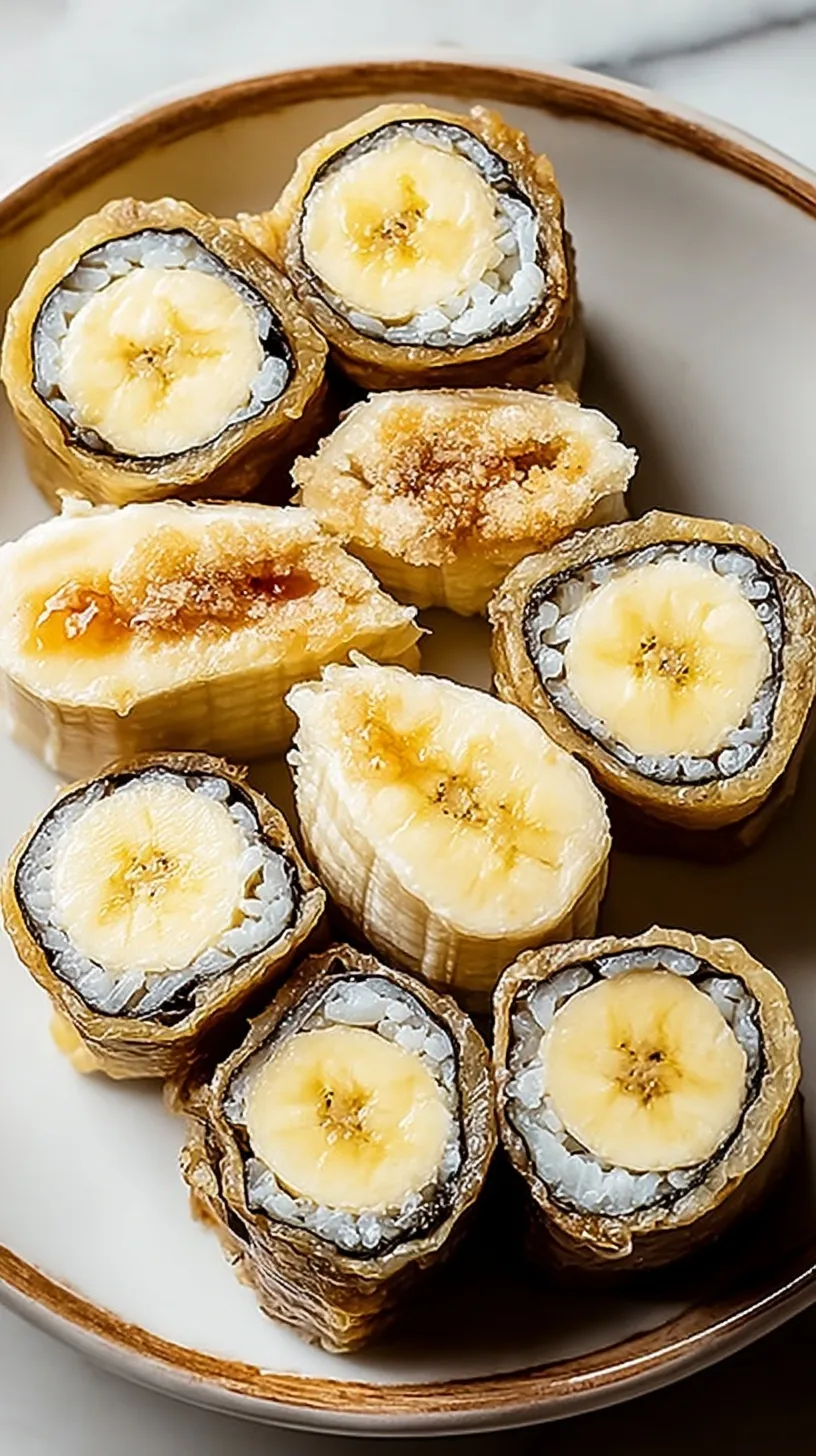 Sliced banana sushi rolls topped with coconut and hemp seeds on a white platter.