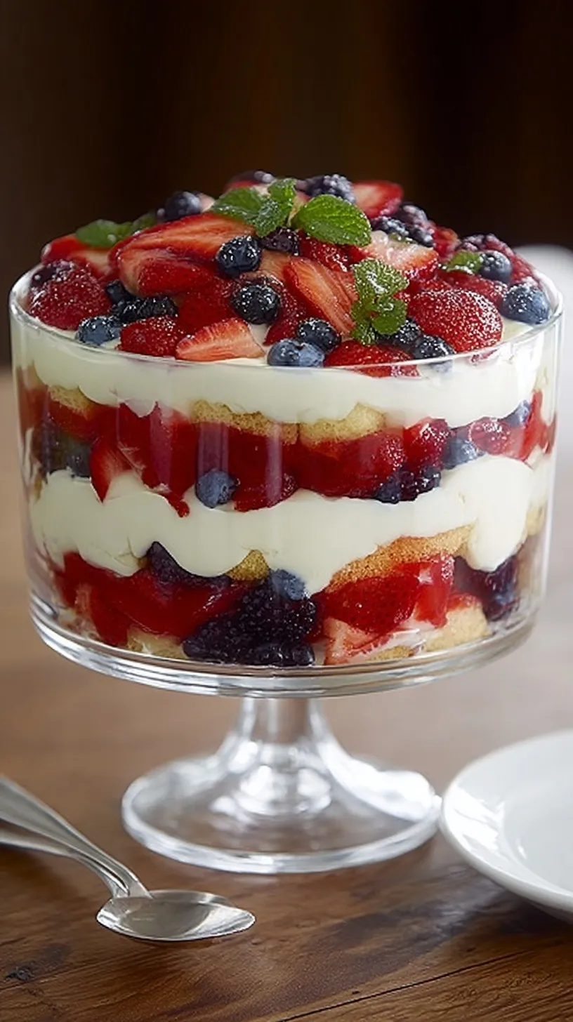 A beautiful glass trifle bowl filled with layers of sponge cake, red strawberries, blue berries, and white whipped cream.