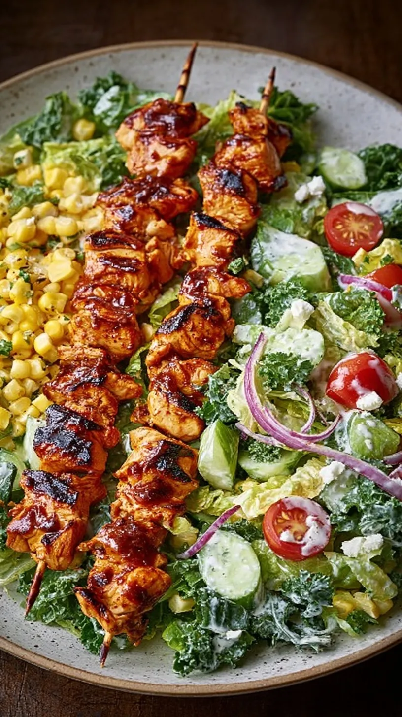 Grilled BBQ chicken skewers resting on a fresh bed of romaine lettuce with corn, black beans, and tomatoes.