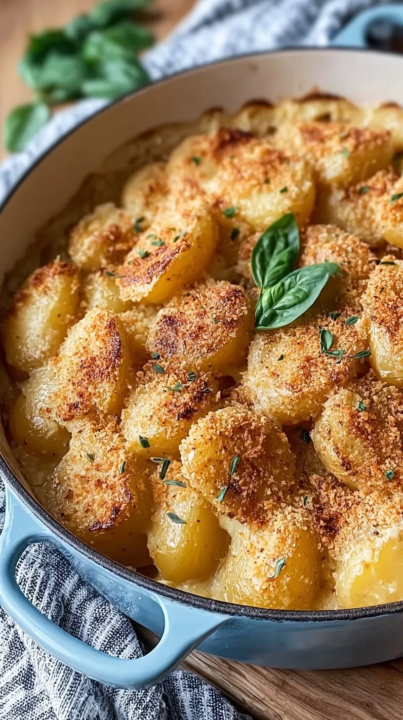 A golden brown potato casserole in a white baking dish with melted cheese and crispy breadcrumbs.