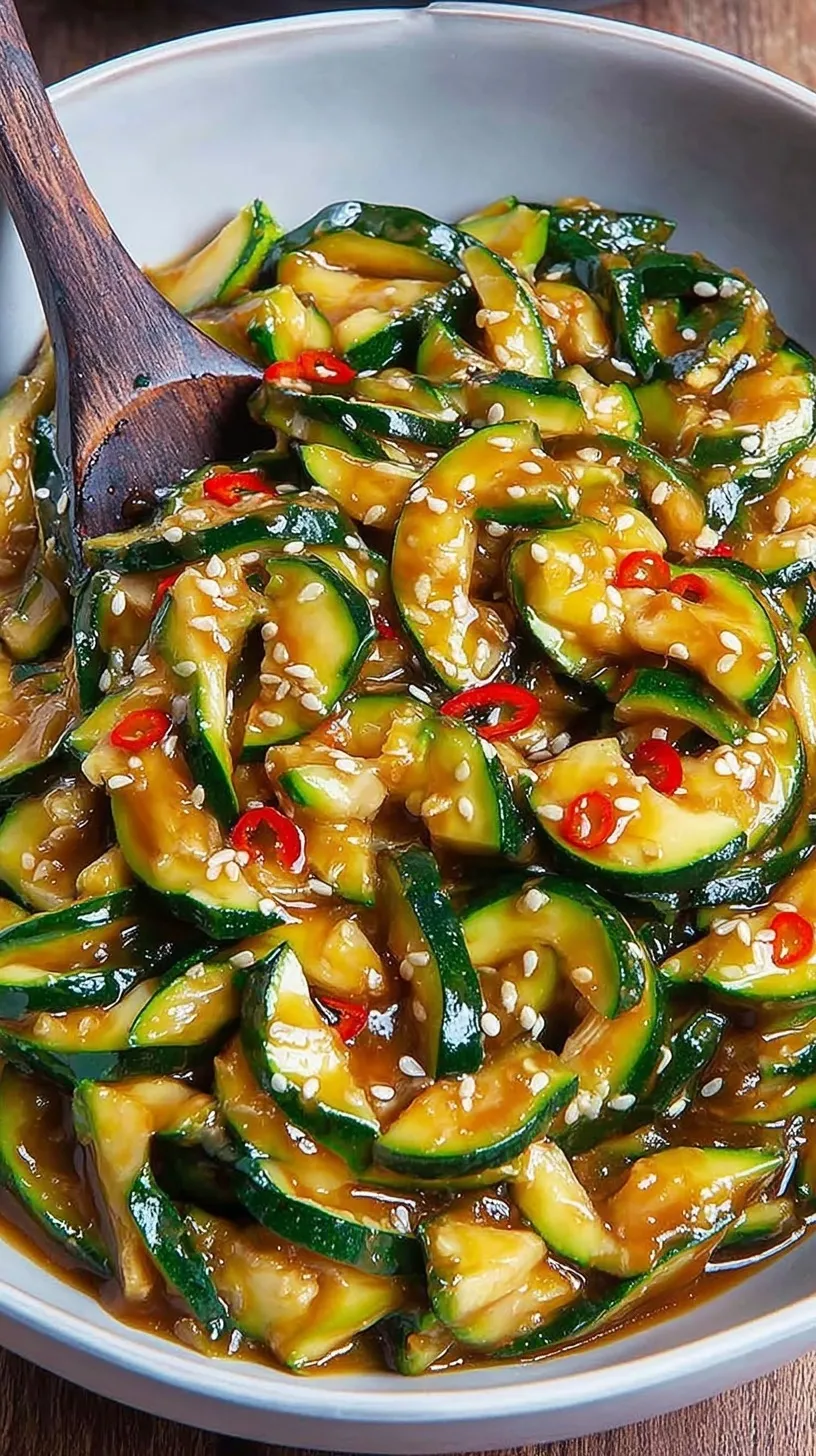 A close-up shot of glossy, golden-brown garlic zucchini stir-fry with green onions and sesame seeds in a dark bowl.