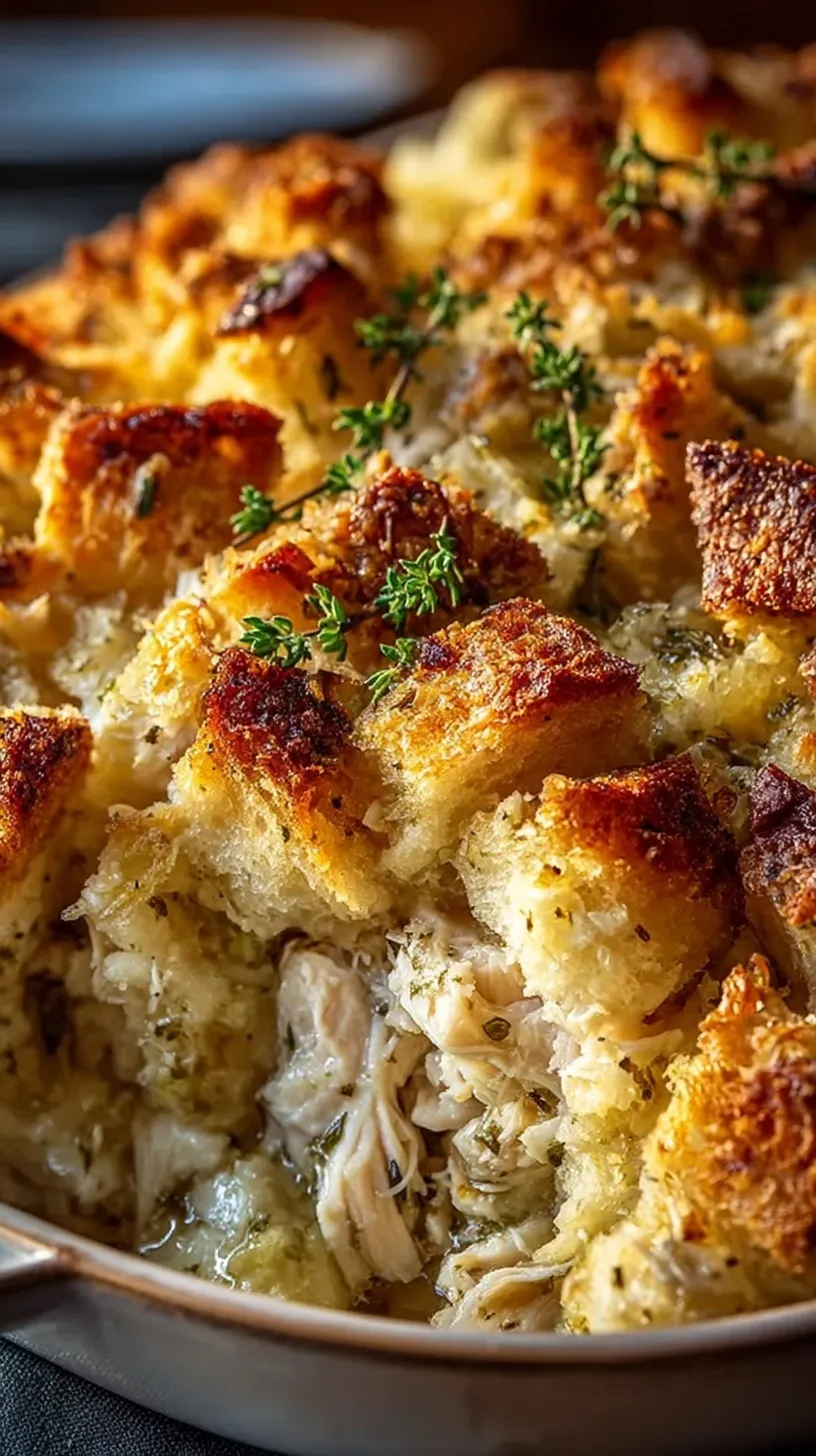 A golden brown chicken and stuffing casserole in a white baking dish with creamy sauce bubbling at the edges.