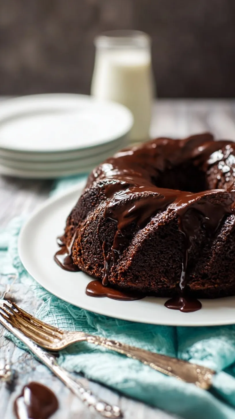 A rich Double Chocolate Chip Bundt Cake topped with glossy chocolate ganache on a wire rack.