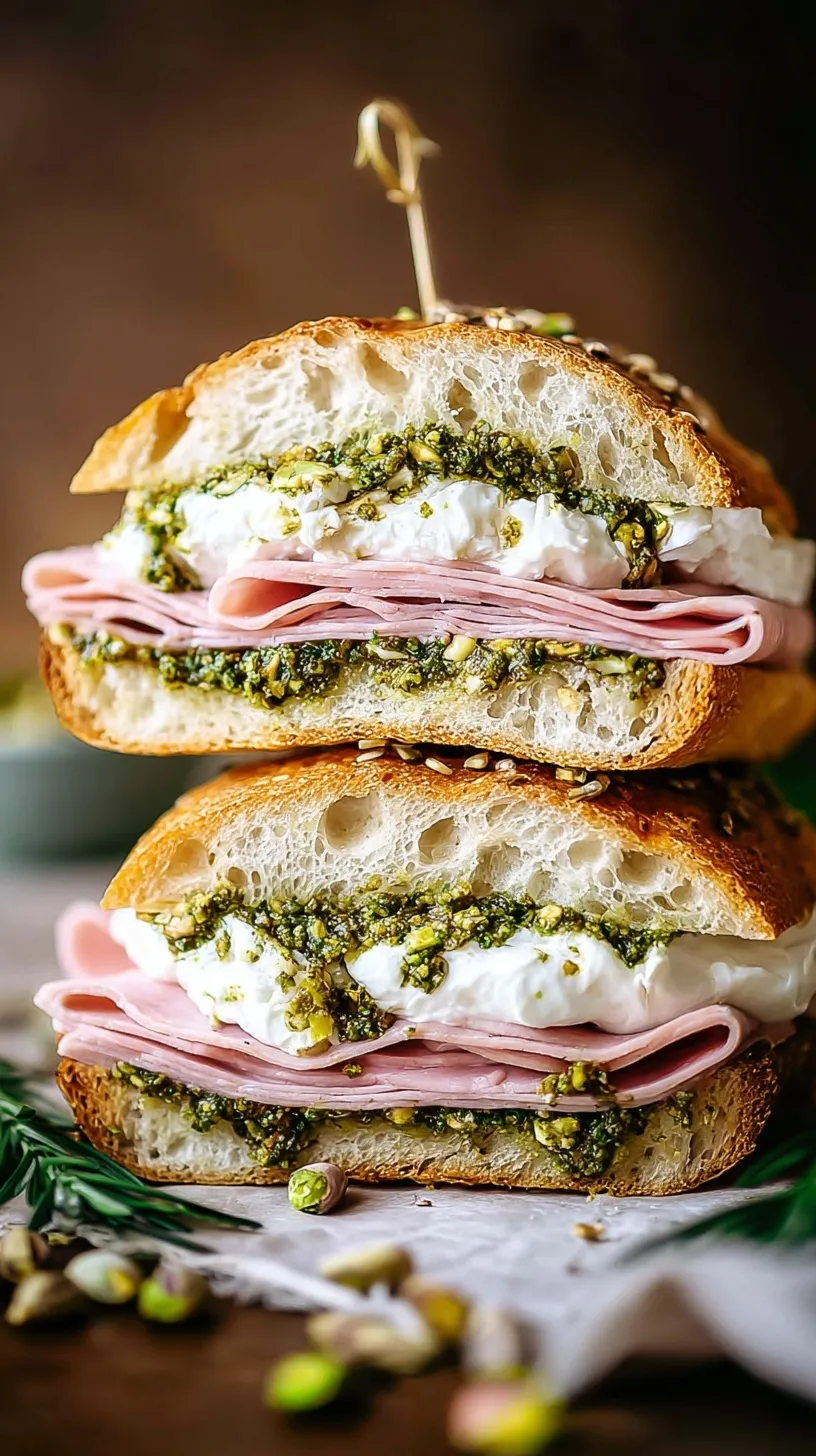 A gourmet Burrata Sandwich with mortadella and pistachio pesto on toasted focaccia bread.