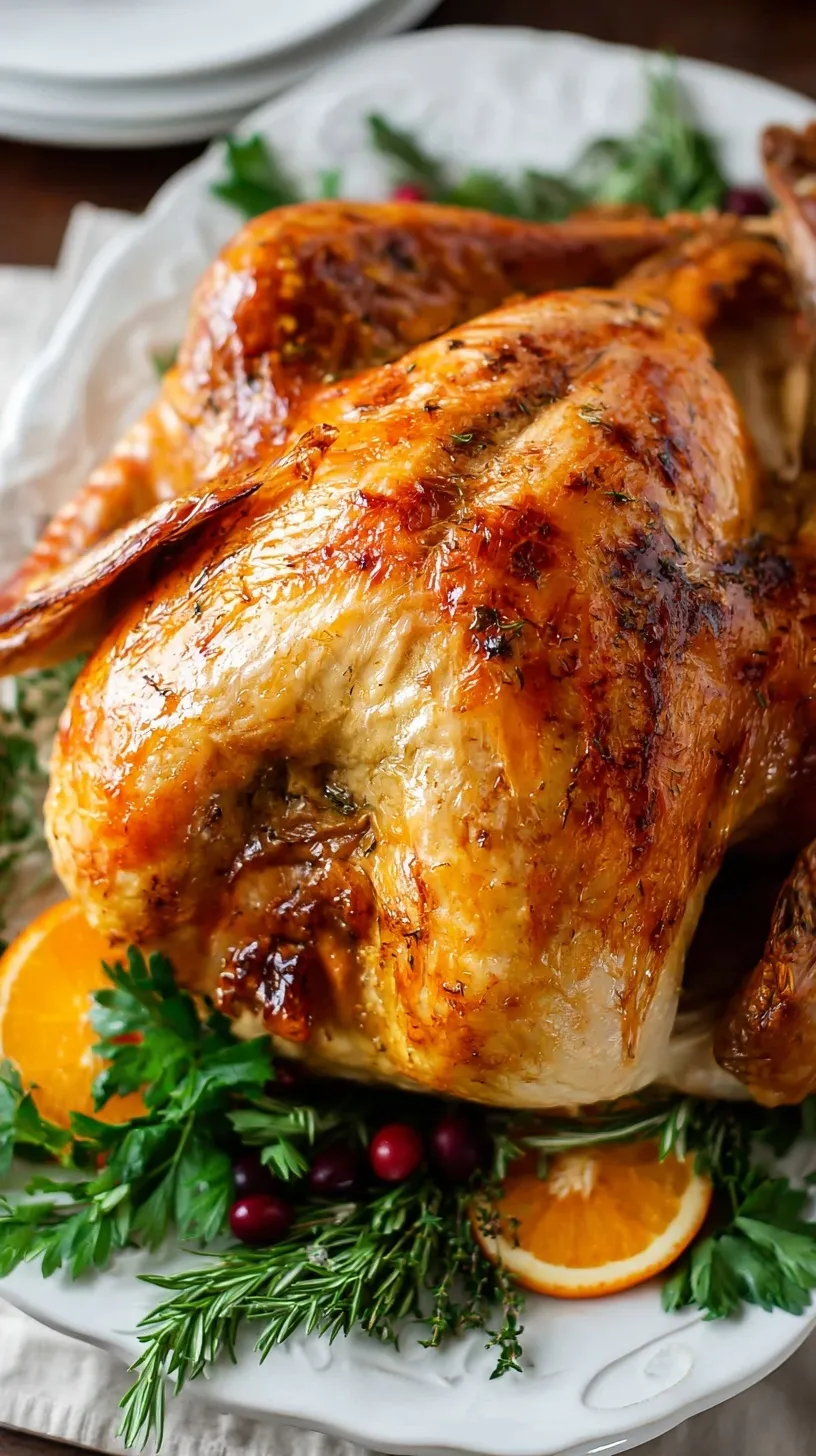A golden brown roasted dry brine turkey on a platter with herbs