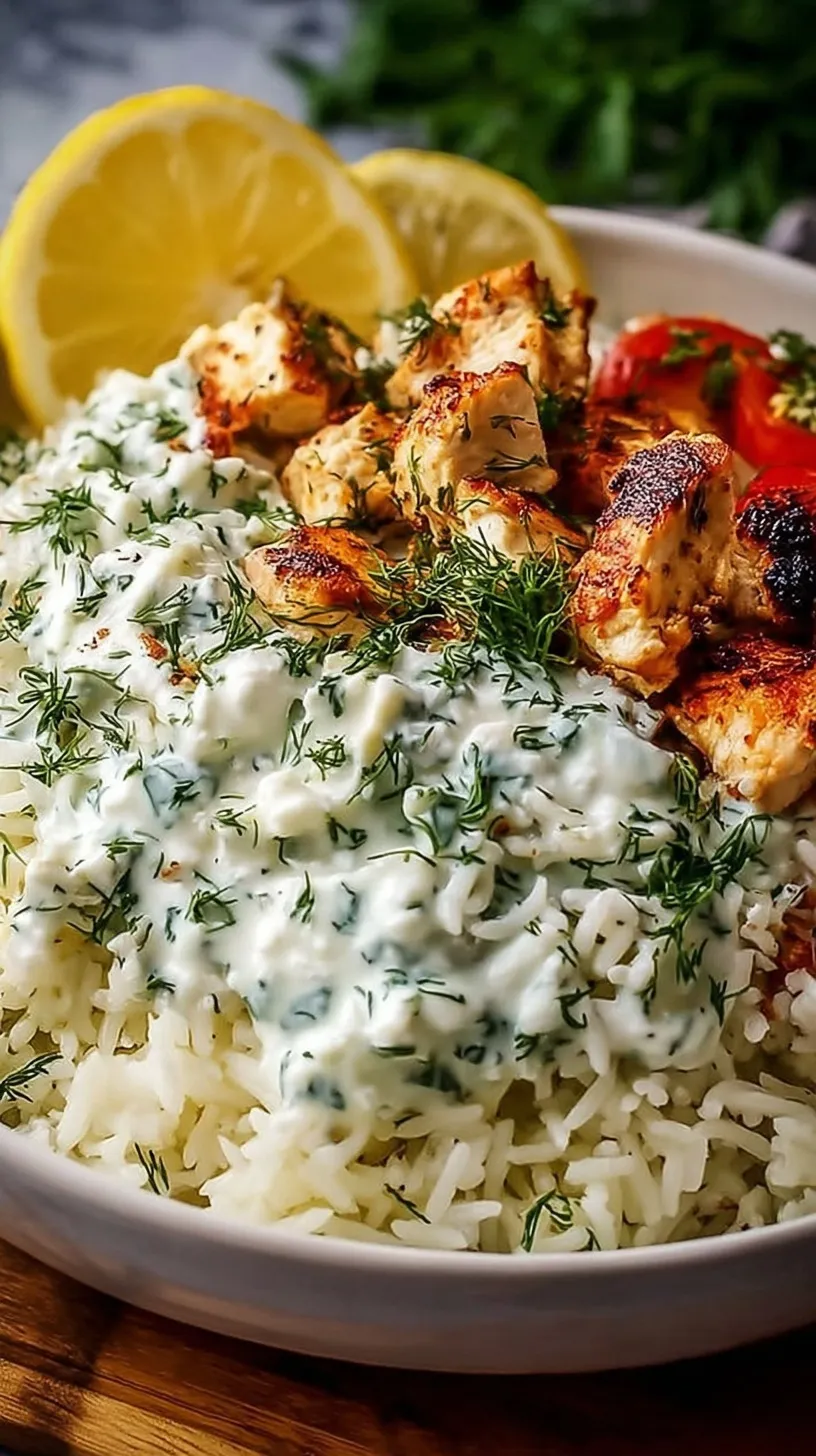 A 9x13 baking dish filled with cooked chicken and rice, topped with creamy tzatziki, tomatoes, and olives.