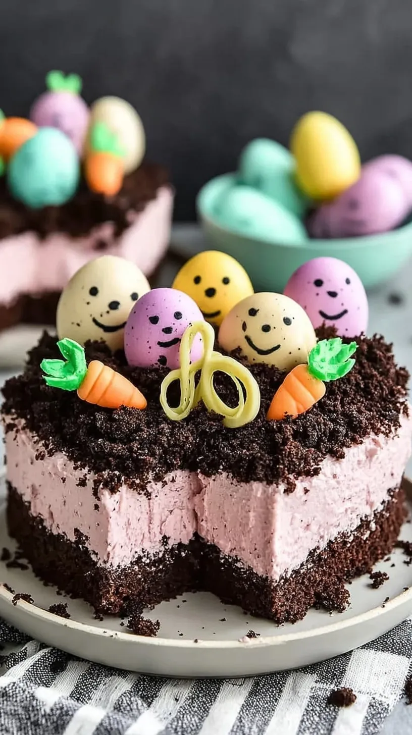 A festive Easter Dirt Cake in a glass dish topped with green coconut grass and marshmallow Peeps.