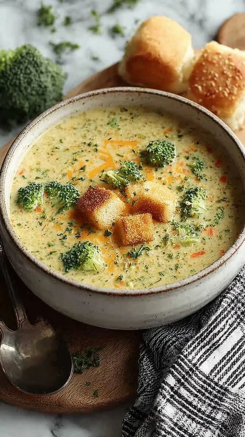 A bowl of creamy broccoli soup with melted smoked gouda and fresh herbs