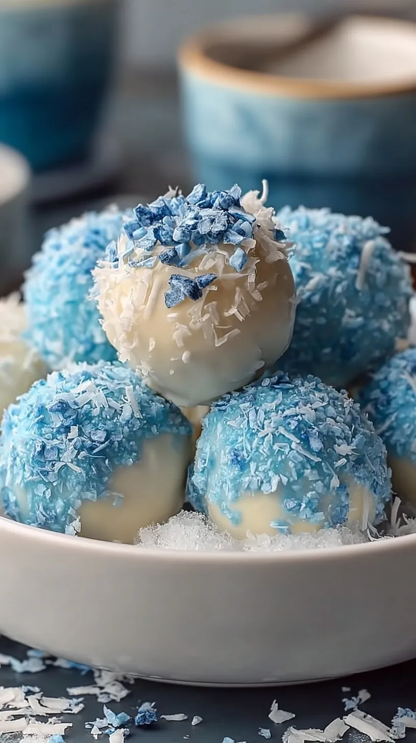 A platter of white chocolate covered truffles with a blue center and blue sanding sugar