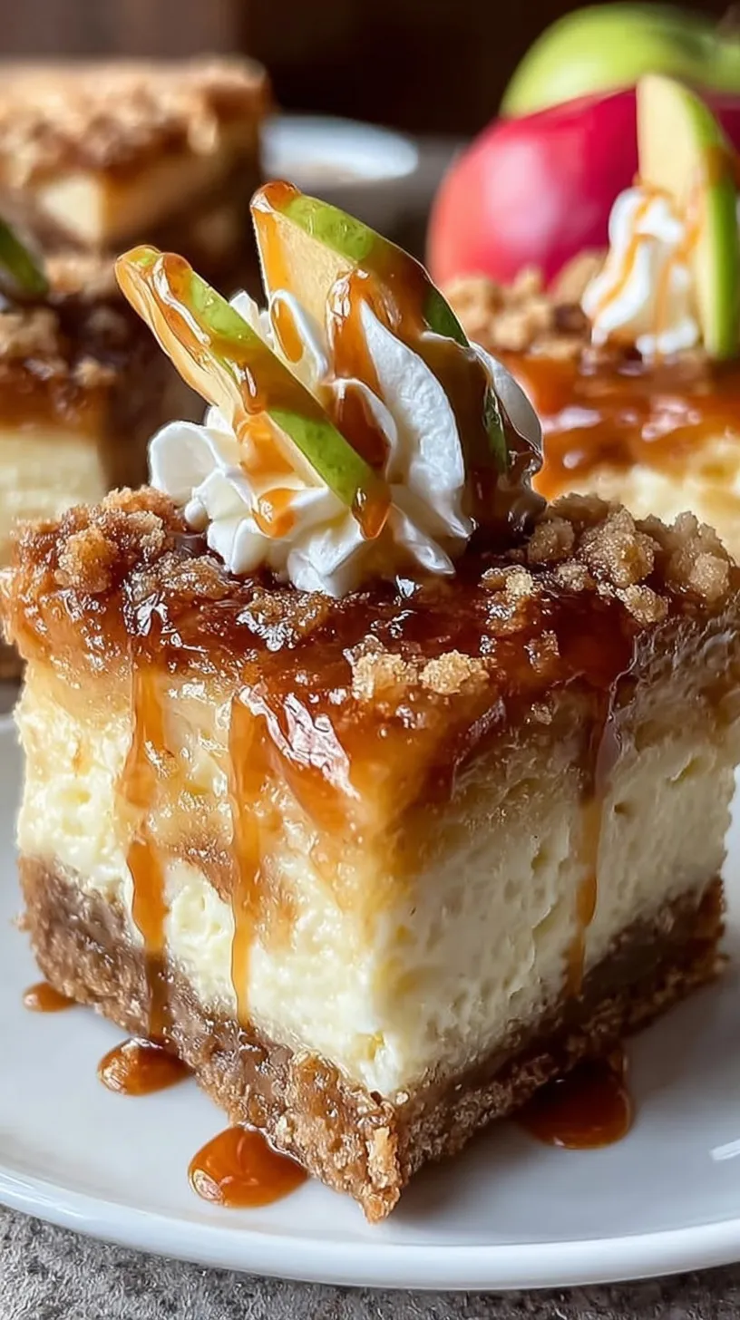 A stack of caramel apple cheesecake bars with a golden oat streusel and caramel drizzle