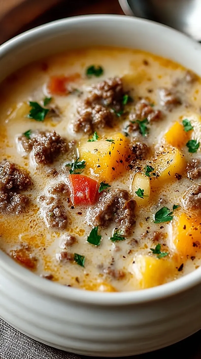 A bowl of creamy cheeseburger soup topped with shredded cheese and fresh herbs.