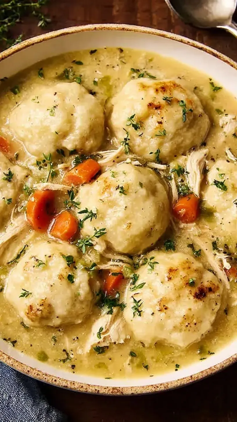 A steaming bowl of creamy chicken and dumplings with golden biscuit pieces and green peas