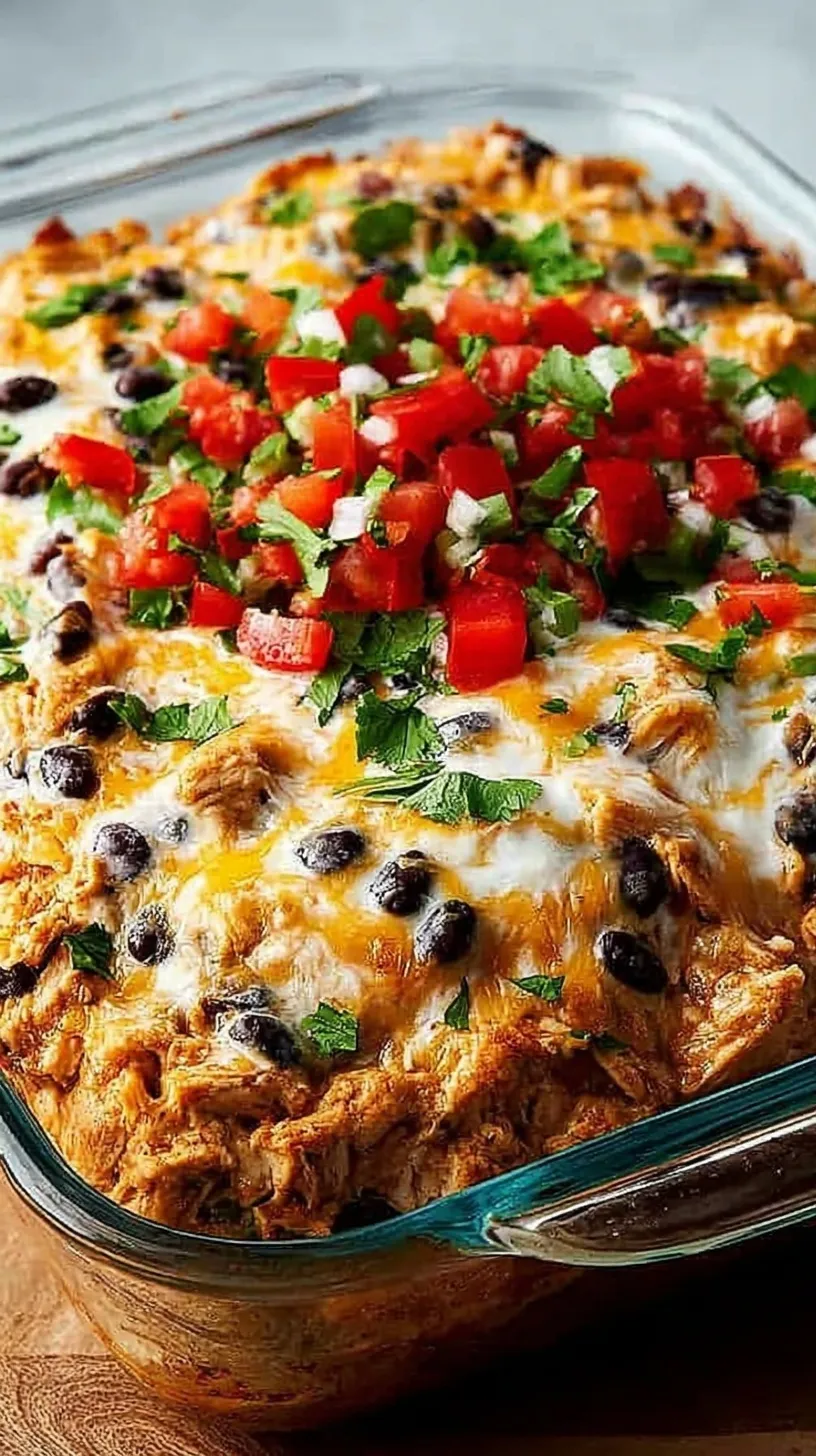 A golden, cheesy chicken burrito casserole in a baking dish topped with fresh cilantro