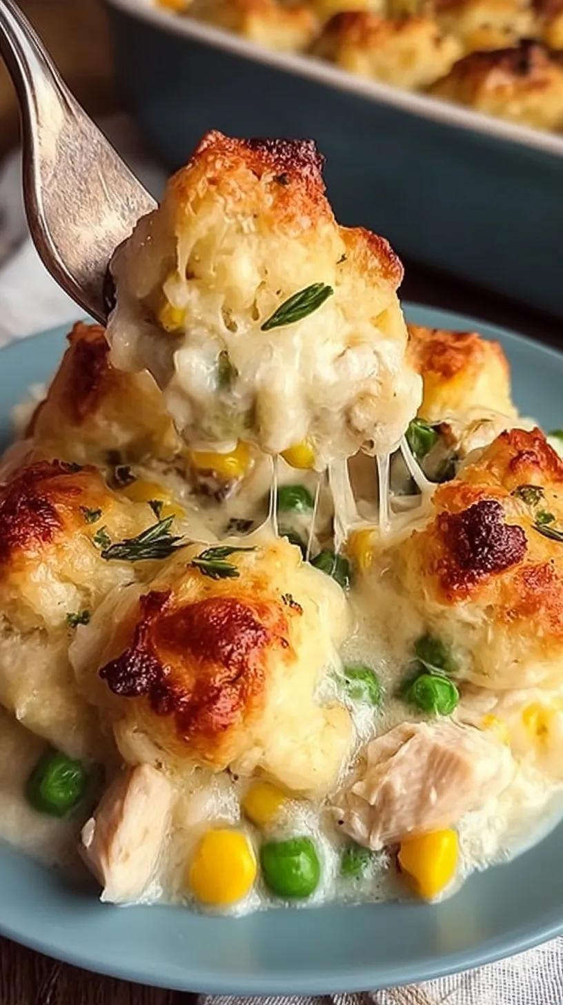 A golden brown chicken cobbler casserole in a glass baking dish with a creamy vegetable filling.