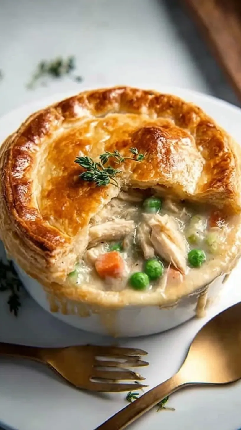 A golden brown chicken pot pie in a glass dish with a flaky crust