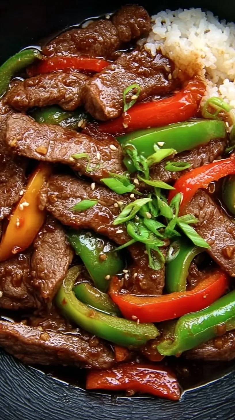 Thinly sliced beef and colorful bell peppers in a savory brown sauce over white rice