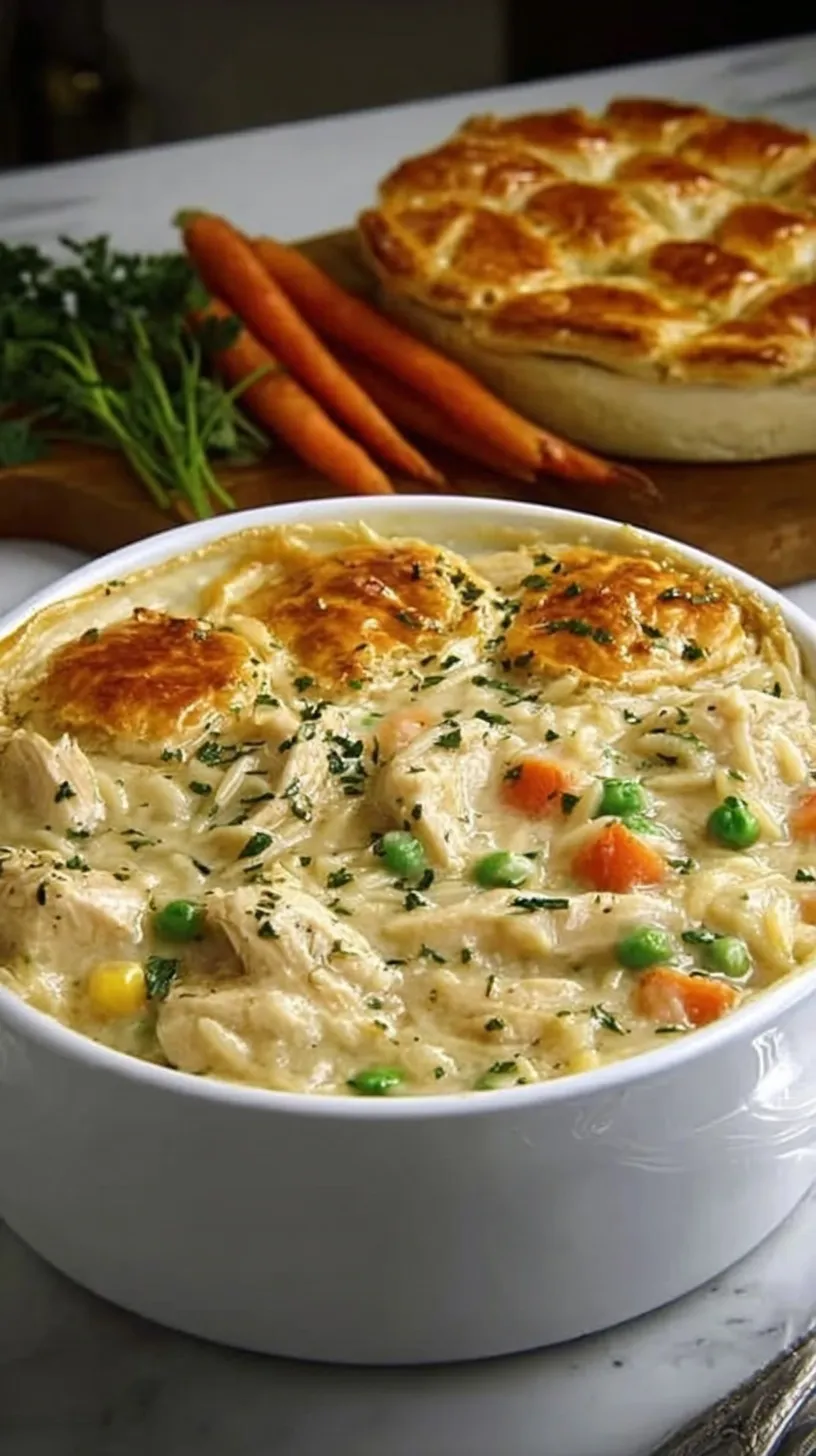 A creamy skillet of chicken and orzo pasta with peas and carrots