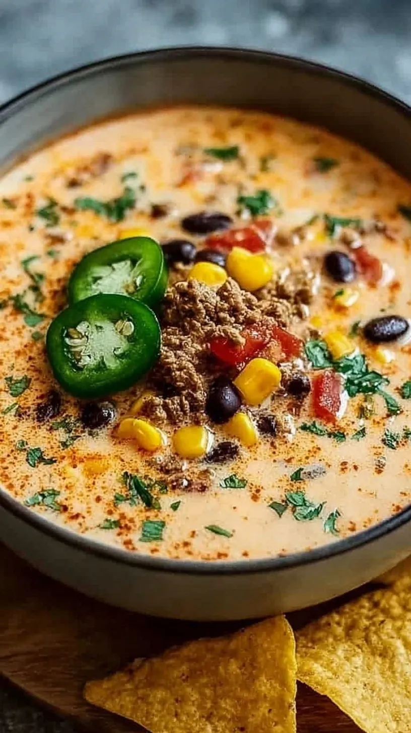 A large pot of creamy cowboy soup with ground beef, potatoes, corn, and black beans topped with shredded cheese.