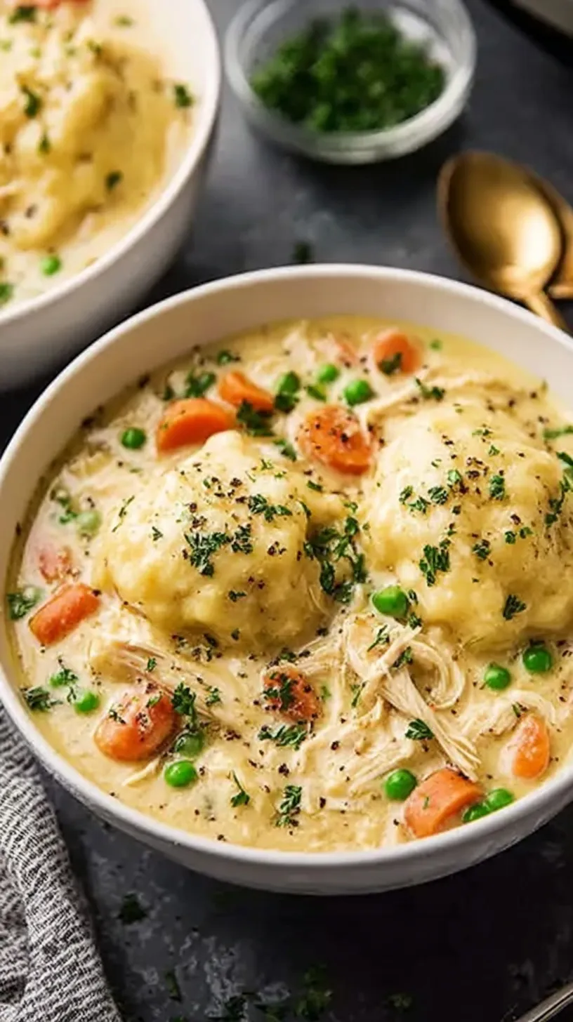 A bowl of creamy chicken and dumplings with fluffy biscuit pieces and colorful vegetables.