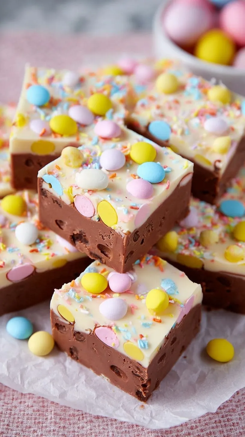 A platter of white chocolate Easter fudge topped with pastel mini eggs and sprinkles.