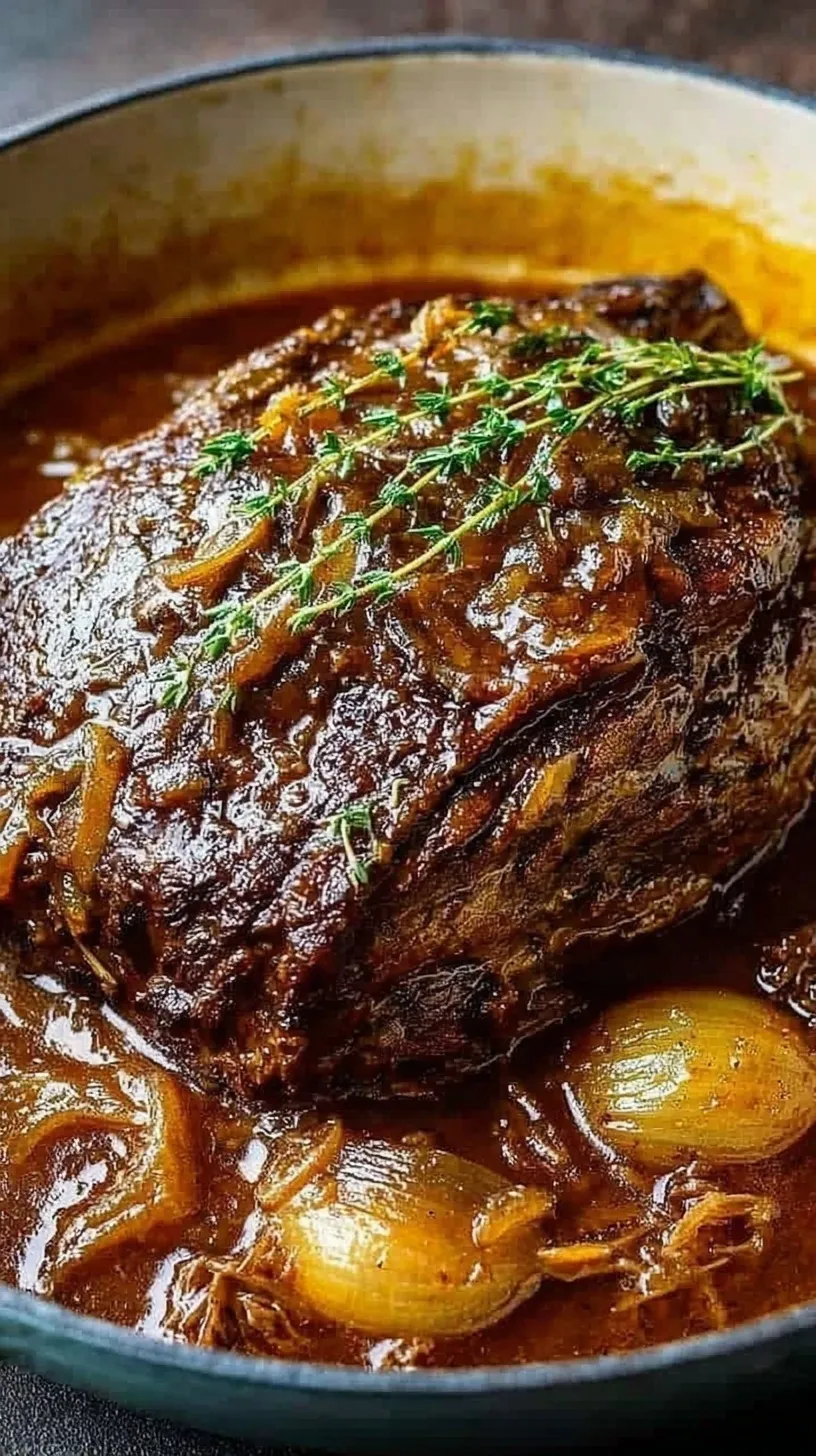 A tender beef chuck roast braised with sliced onions in a rich brown gravy inside a Dutch oven.