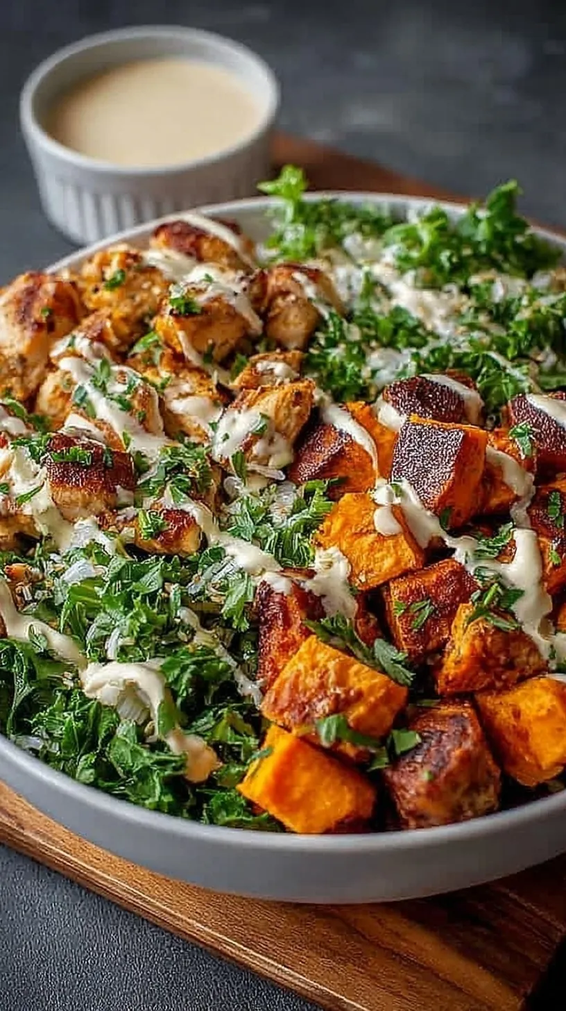 Roasted chicken and sweet potato cubes in a bowl with quinoa, spinach, and avocado slices.
