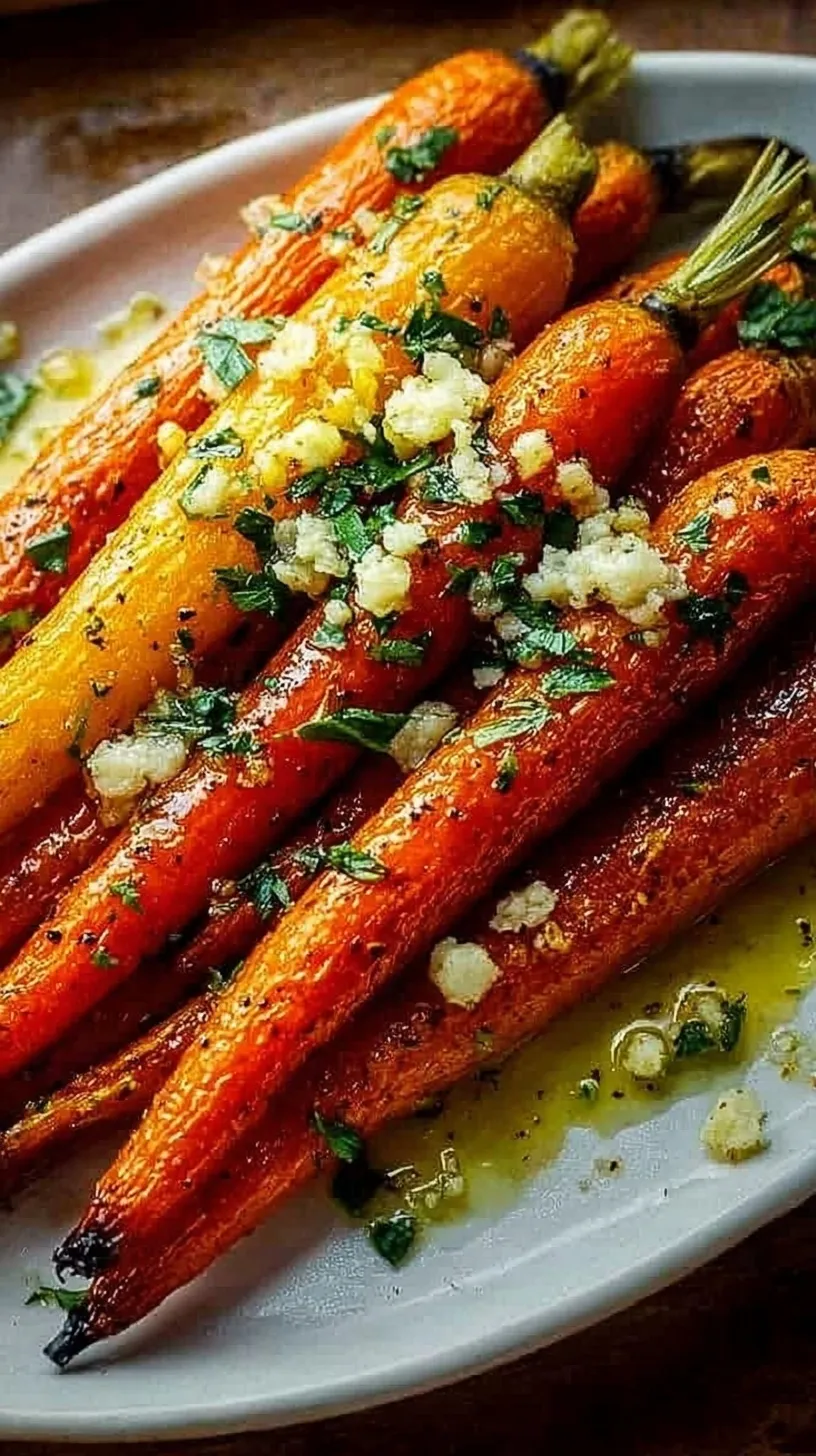 Golden honey garlic butter roasted carrots on a baking sheet garnished with parsley