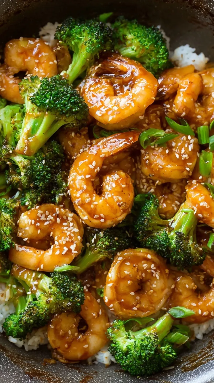 A skillet filled with glossy honey garlic shrimp and bright green broccoli florets garnished with sesame seeds